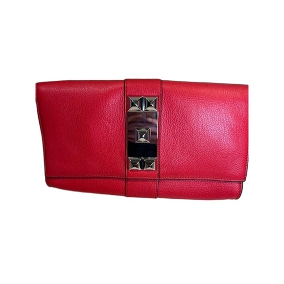 Vince Camuto Red Leather Silver Studded Embellished Clutch Evening Bag - Picture 1 of 12